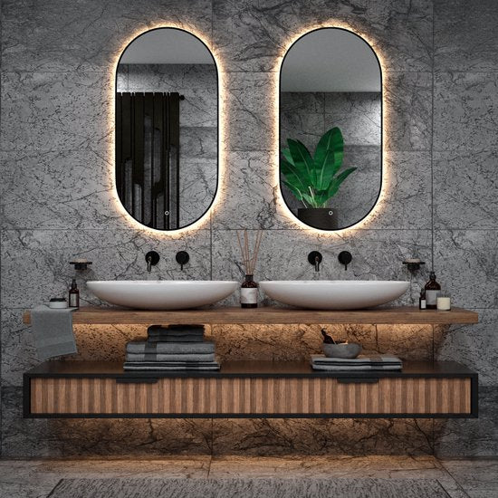 Mirlux Miroir de salle de bain avec éclairage LED et chauffage - Miroir mural ovale - Cadre noir - 120x60CM