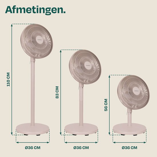 Ventilateur de sol VONROC - 3 vitesses – télécommande incluse - minuterie - réglable sur 3 hauteurs - beige