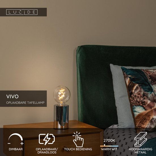 Lucide VIVO - Lampe de table rechargeable - Batterie - Ø 8 cm - LED à intensité variable - E27 - 1x1 W 2700 K - Chrome