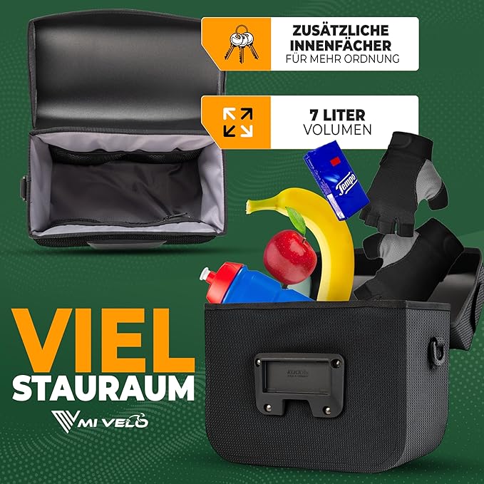 MIVELO Handlebar bag - 100% Waterproof & With Phone Pocket - 7 litres - Black Reflective