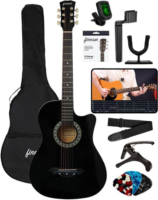 Finesse Acoustic Guitar - avec cours vidéo - Guitare occidentale - Guitare enfant et adulte - Noir