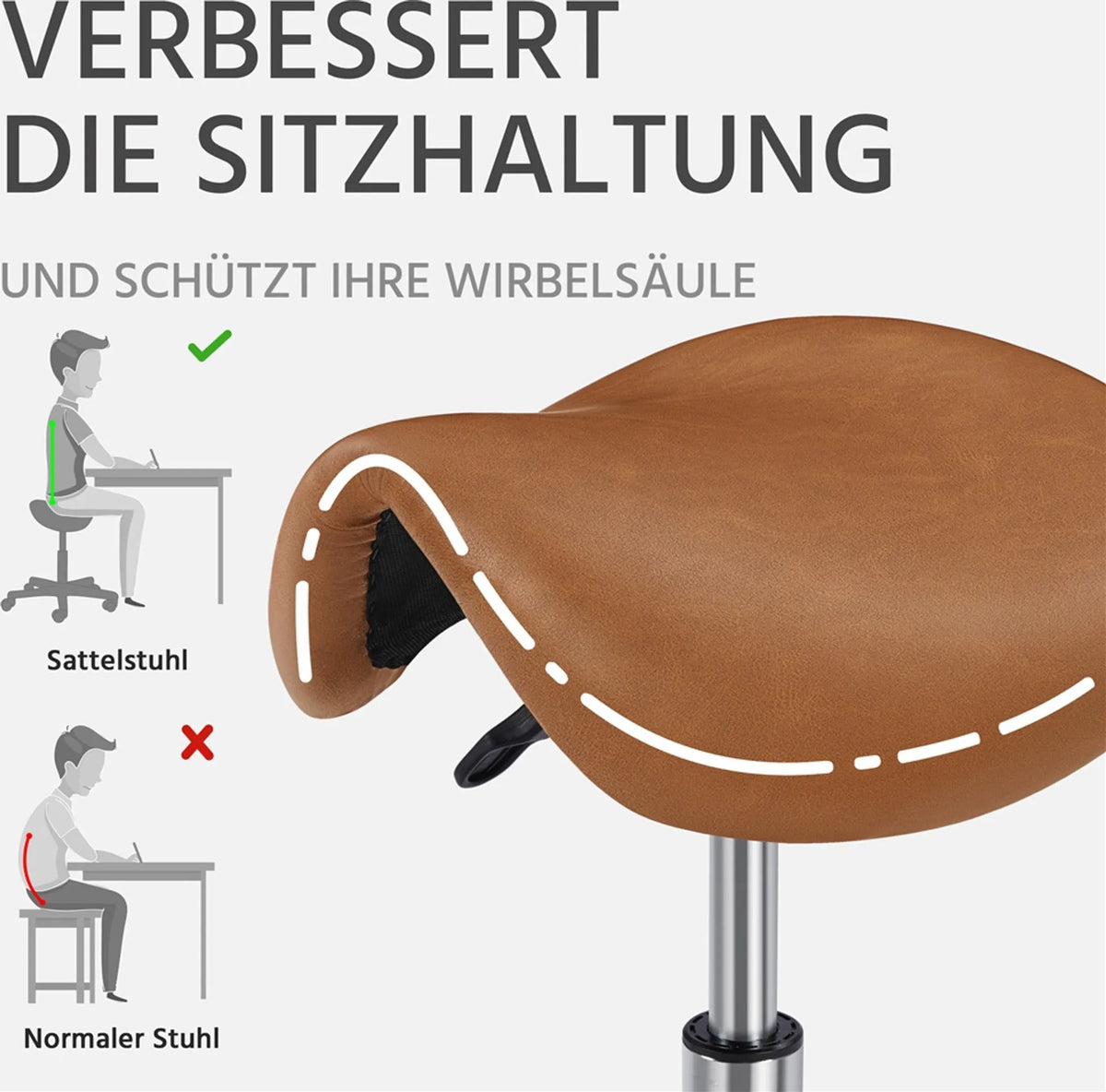 Yaheetech Tabouret de selle ergonomique - équipé d'un élévateur à gaz SGS réglable en hauteur et de roues en nylon pivotantes à 360° et d'une base chromée - pour salon de coiffure et cabinet - cuir synthétique PU marron rétro et métal - 50 x 50 x 45,5-60