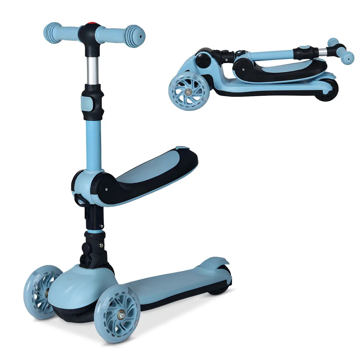 Trottinette pour enfants Neuleb à 3 roues - Bleu ciel - Avec siège, roues lumineuses et 2 réglages de hauteur - À partir de 3 ans