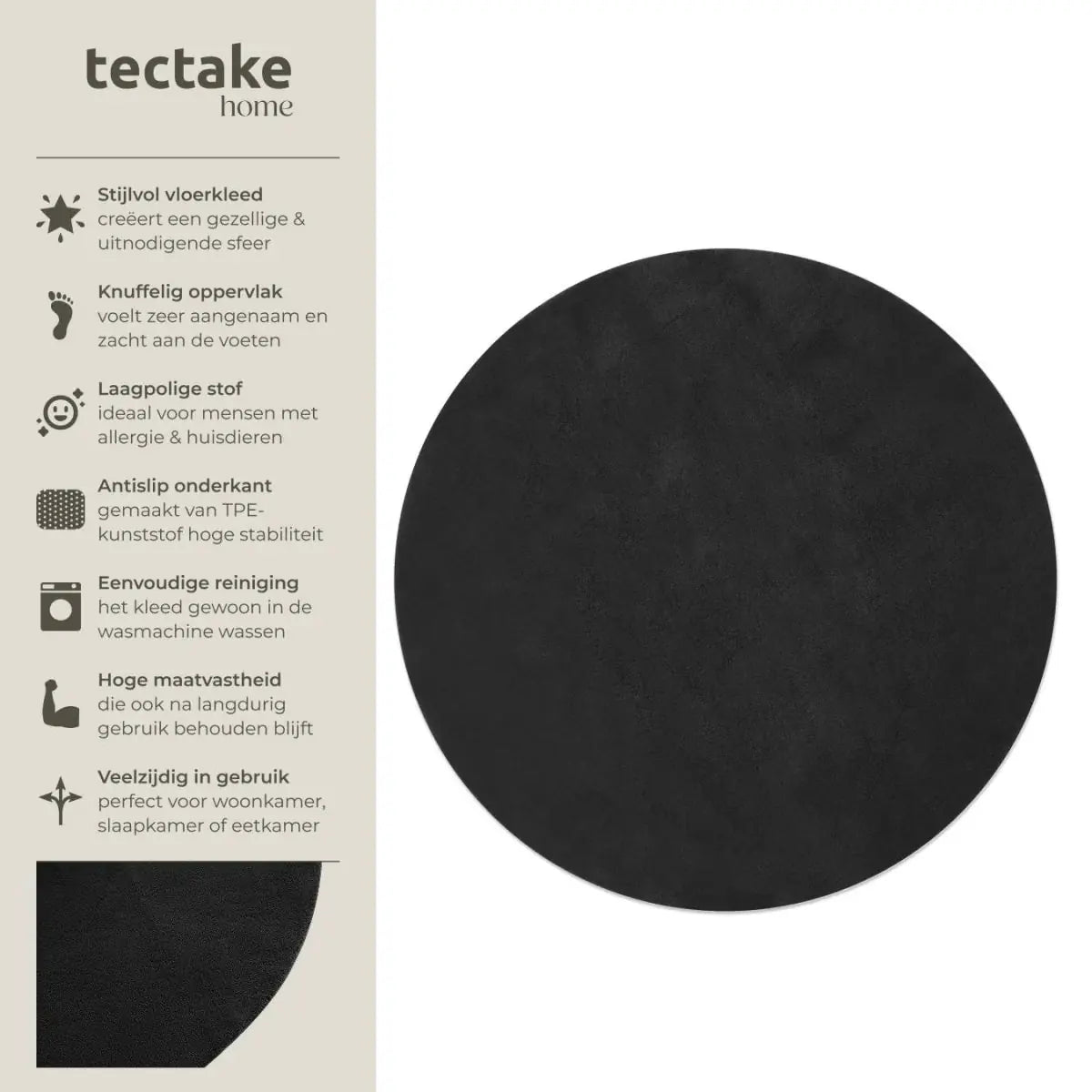 Tapis à poils courts Tectake Soft Zone - Ø 120 cm - Noir - Extra doux - Antidérapant - Lavable