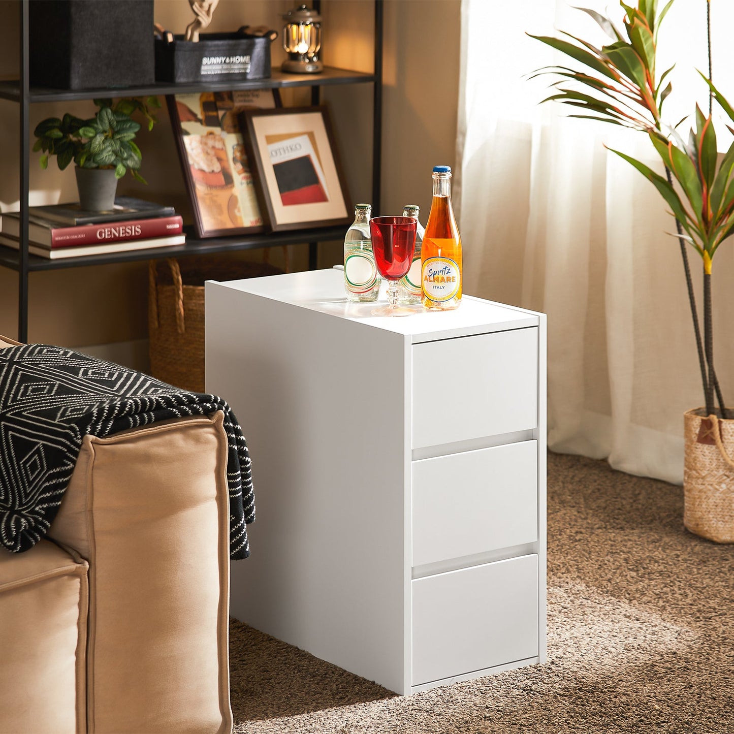 SoBuy FBT144-W Table d'appoint / Table de chevet / Table banc - Blanc - 30x60x60 cm - Table de rangement compacte avec 3 tiroirs et compartiment vertical