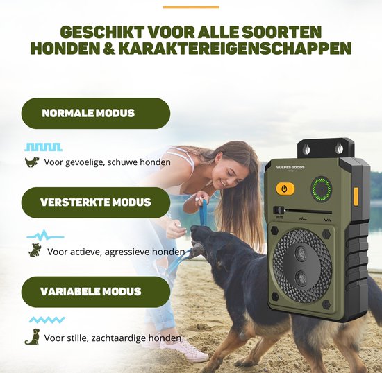 Vulpes Goods® Pets - Dispositif anti-aboiement à ultrasons PRO - Dresseur de luxe - Rechargeable - Fonctionnement automatique - Pas de choc - Résistant à l'eau - Pour tous les chiens - Intérieur et extérieur - Portée de 15 m - 3 étapes - Anti-aboiement -