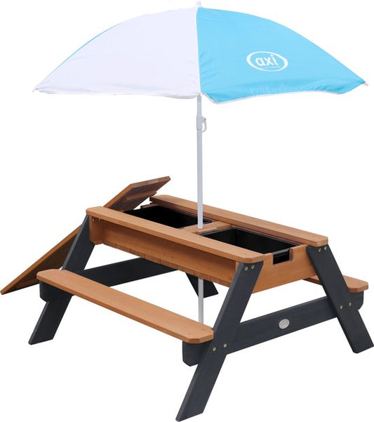 Table de pique-nique AXI Nick Zand & Water, couleur anthracite/marron - Avec parasol bleu/blanc - Table de pique-nique multifonctionnelle en bois certifié FSC - Table de pique-nique en bois pour enfants