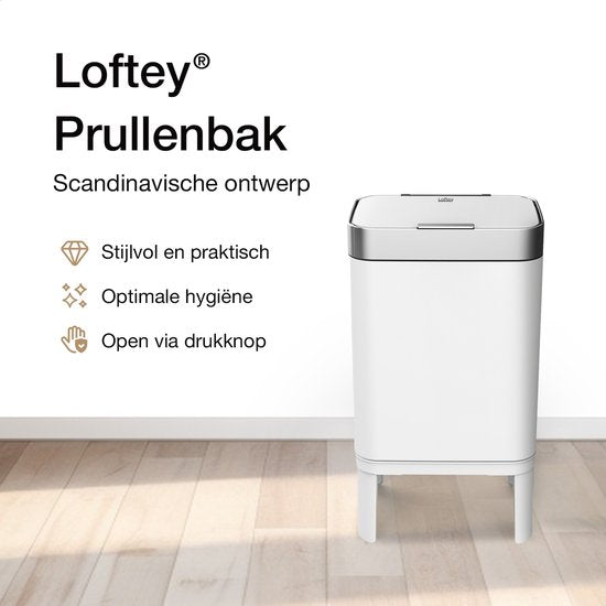 Loftey Trashcan 60 Liter - Push/touch Waste Bin - Duo Waste Bin with Inner Bin - Garbage Can 2 Compartments - Waste Separation 2x30L - Kitchen - White/RVS
