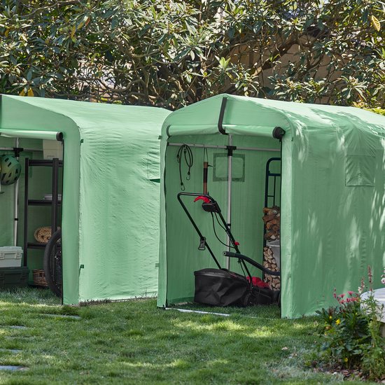 SoBuy KLS11-L-GR Garden House, armoire étanche pour l'extérieur, rangement pour motos avec crochets, garage pour vélos et rangement pour outils, rangement pour vélos, espace de stockage, vert, 159x219x165 cm