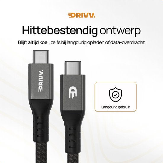 Drivv. Câble USB-C vers USB-C 4.0 - Gen 3 - Charge rapide 240 W - 8K 60 Hz - 40 Gbps - 3 mètres - Nylon - Noir