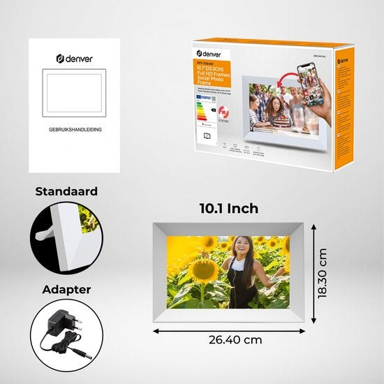 Cadre photo numérique Denver 10,1 pouces - FULL HD - Frameo App - Cadre photo - WiFi - 16GB - IPS Touchscreen - PFF1064W