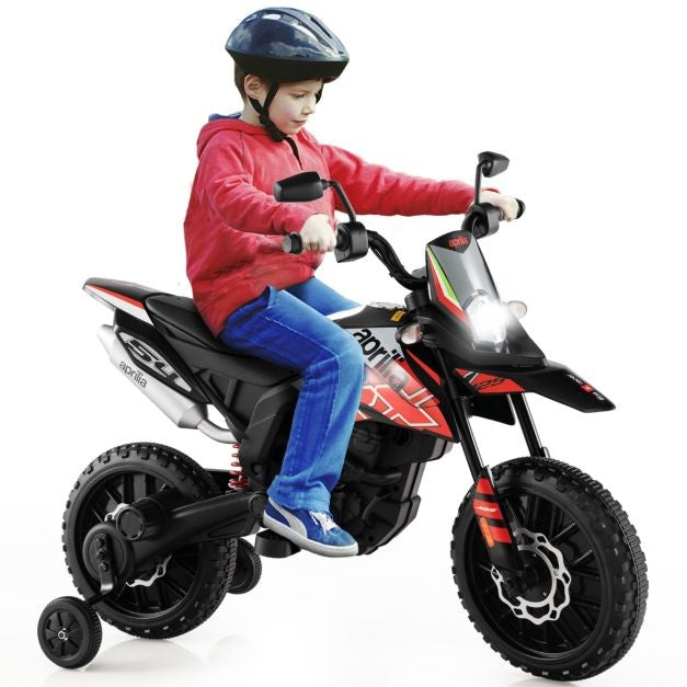 Moto électrique Aprilia-Licence pour enfants - Coast - avec 2 roues d'entraînement - avec musique pour enfants 3-8 ans - Moto à batterie 12V