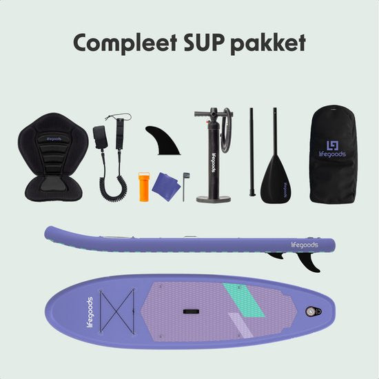 LifeGoods SUP Board All-round Compact - avec siège - capacité de charge de 100 KG - 300 x 76 cm - gonflable - ensemble complet de SUP - violet