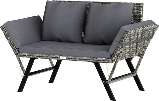 Banc de jardin Casaria Polyrattan - réglable avec coussins - Gris