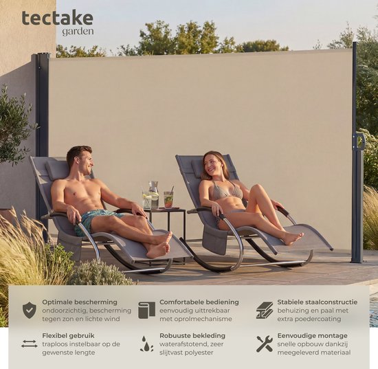 tectake® Pare-vent télescopique avec mécanisme d'enroulement - 300 x 180 cm - Auvent latéral avec armature en aluminium - Pare-soleil - Pare-vue de jardin - Pare-vue de balcon beige - Pare-vue opaque - Toile de store
