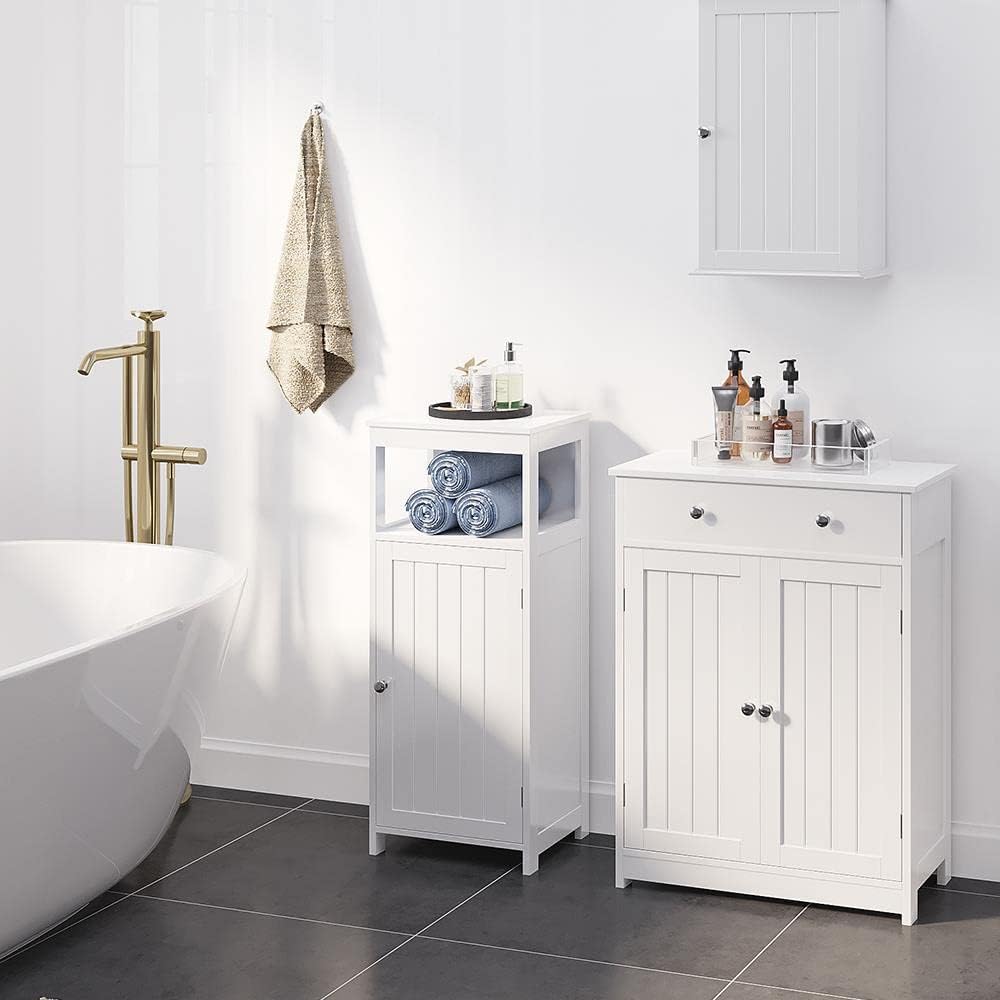 Armoire de salle de bain Yaheetech 60 x 30 x 80 cm - Blanche - 2 portes - Grand tiroir - Étagères réglables