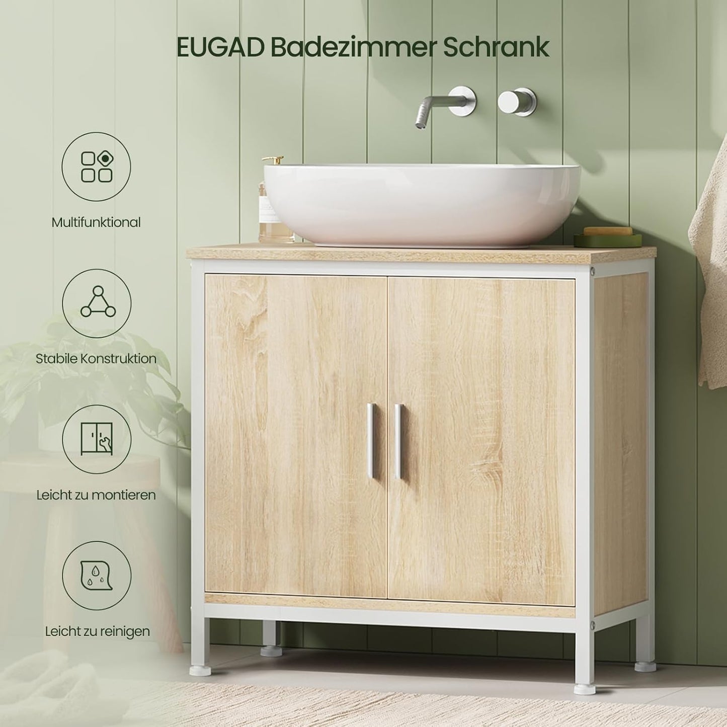 Meuble sous-lavabo EUGAD - 60 x 60 x 30 cm - blanc et chêne clair - avec cloison de séparation réglable