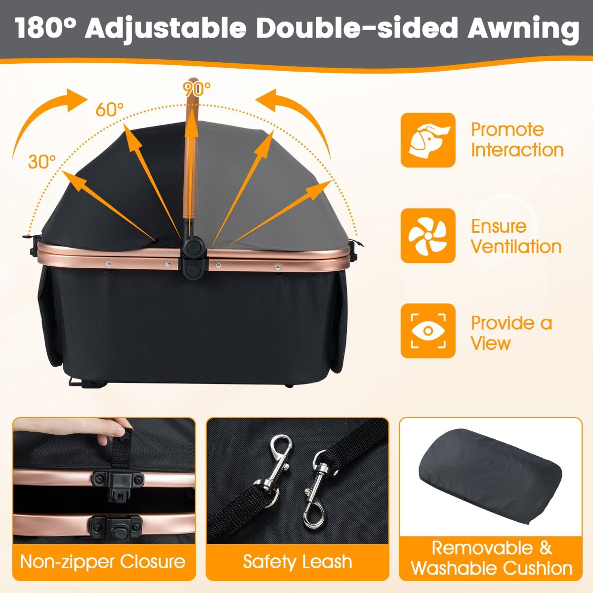 Poussette pour animaux de compagnie Coast 3-en-1 - Pliable - Panier amovible - Noir 89 x 61 x 101 cm