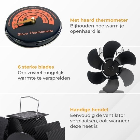 Nuvance - Ventilateur de poêle à bois - Thermomètre inclus - Ventilateur de cheminée - Ecofan de poêle - Ventilateur de chaleur - Noir