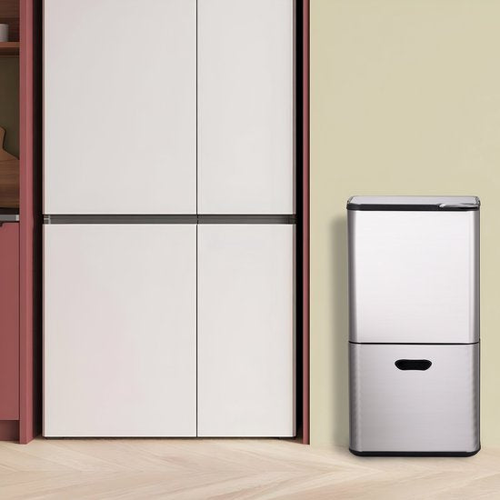 Bayt Poubelle 60 litres - Poubelle 60 litres - Séparation des déchets - 2 compartiments - Acier inoxydable - Argent