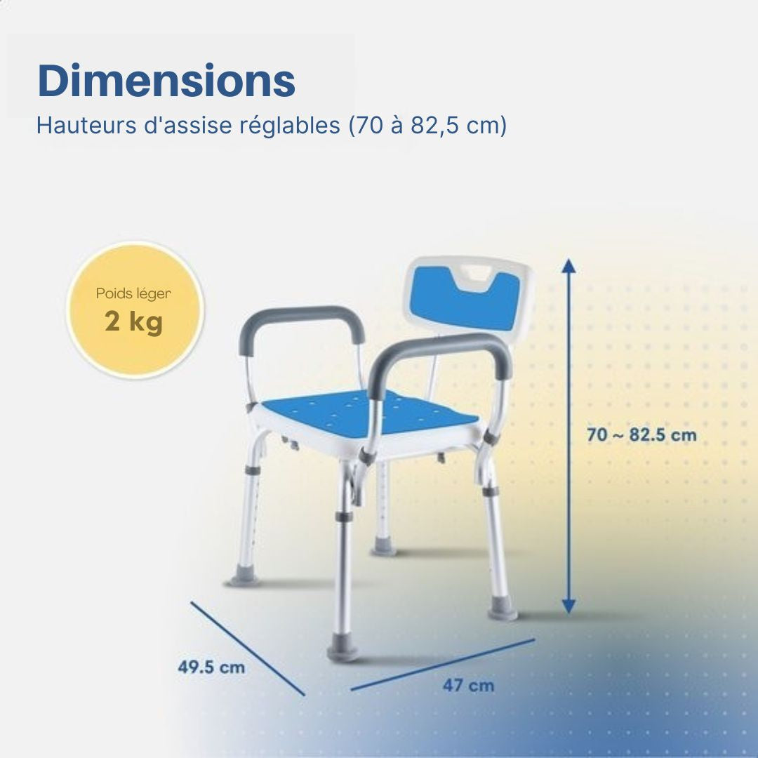 Chaise de douche SafeLife avec dossier et accoudoir amovibles - antidérapant - hauteur réglable - blanc/bleu
