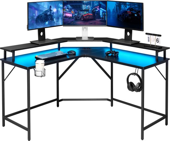 Bureau d'angle - bureau gaming - bureau en L - ports USB et USB-C et prise d'alimentation intégrés dans le plateau - éclairage LED - plateau de 130 x 130 x 50 cm