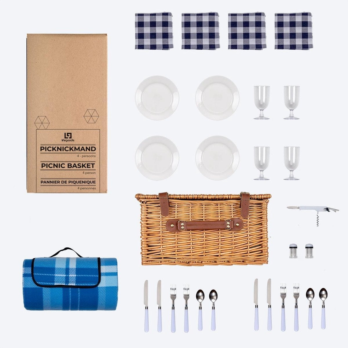 Panier Pique-Nique LifeGoods - 4 Personnes en Osier - 29 Pièces avec Tapis - Osier