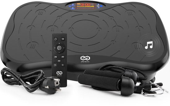 Infinity Goods Plateforme vibrante Premium - Plateforme vibrante de fitness - Bandes de résistance et poignées incluses - Powerplate - 5 programmes d'entraînement - 99 niveaux de vitesse - Musique via Bluetooth - Noir