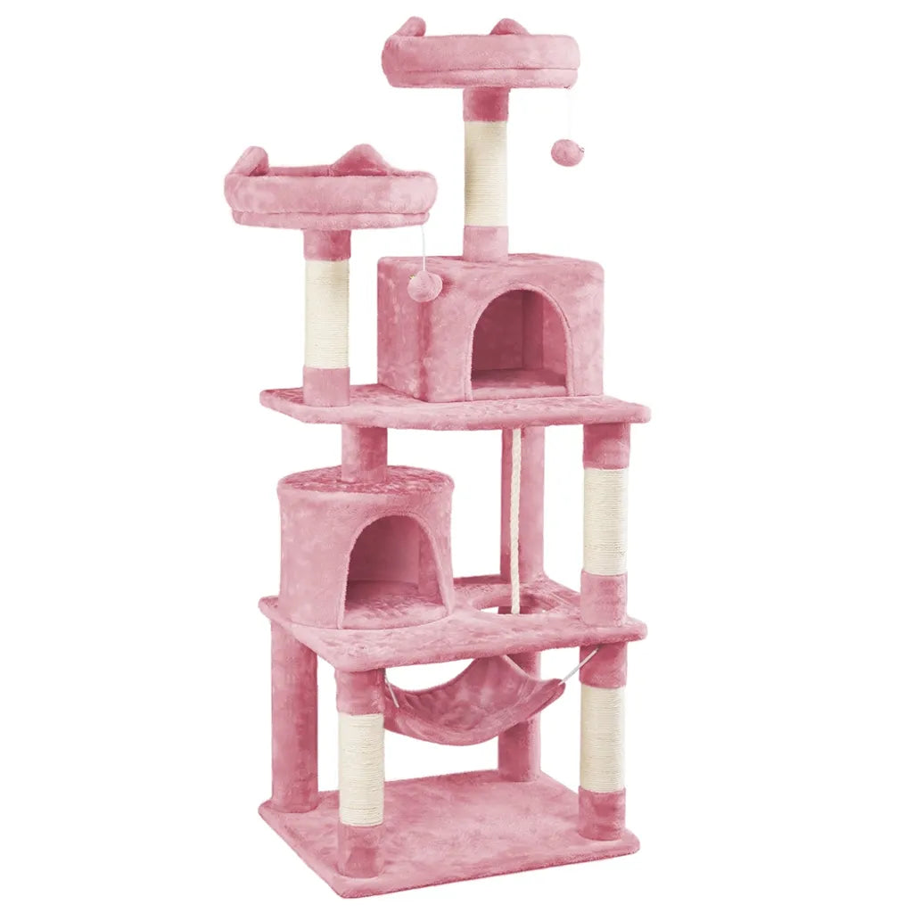 Arbre à chat Yaheetech 158 cm - Rose - Arbre à chat avec 2 grottes, un hamac et des poteaux en sisal