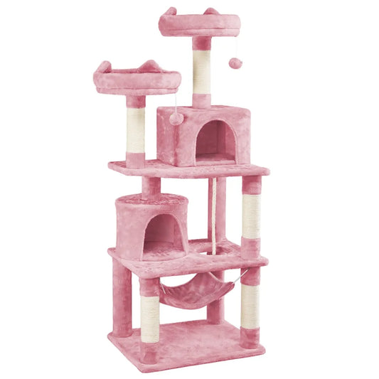 Arbre à chat Yaheetech 158 cm - Rose - Arbre à chat avec 2 grottes, un hamac et des poteaux en sisal
