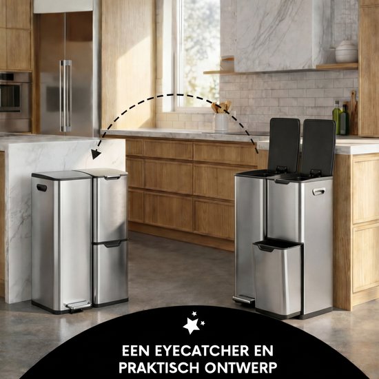 Bayt Poubelle - Poubelle 60 litres - Poubelle 60 litres - Poubelle à pédale 60 litres - Poubelle tri sélectif - Poubelle 3 compartiments - Poubelle - inox - Silver