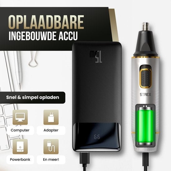 Strex 3 In 1 Nose Hair Trimmer Set - Rechargeable & Lavable - Tondeuse nez / Tondeuse oreilles / Tondeuse sourcils / Tondeuse barbe - Hommes & Femmes