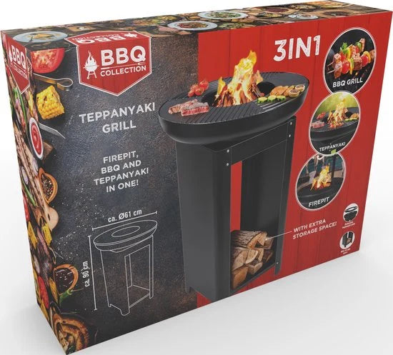 Barbecue 3 en 1 BBQ Collection – Brasero, Plaque Grill, Plaque Teppanyaki – Stockage Bois - 61 x 90 - Noir Acier inoxydable