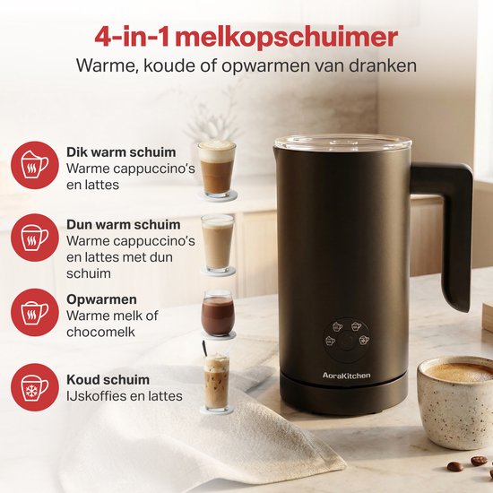 Mousseur à lait AoraKitchen - 300 ml - Mousseur à lait - Acier inoxydable - Électrique - 4-en-1 - Revêtement antiadhésif - 500 W