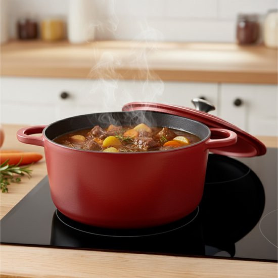 Casserole en fonte Aviro - Ø26CM - 5L - Toutes sources de chaleur y compris induction - Ragoût - Sans PFAS - Avec couvercle - Rouge