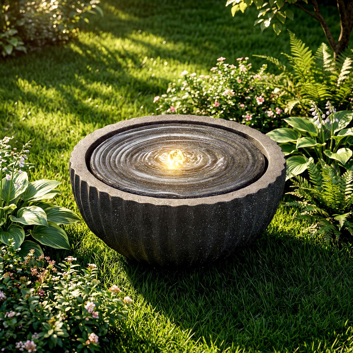Fontaine de jardin ronde Coast - avec éclairage LED - aspect pierre - 45 x 45 x 23,5 cm - noir