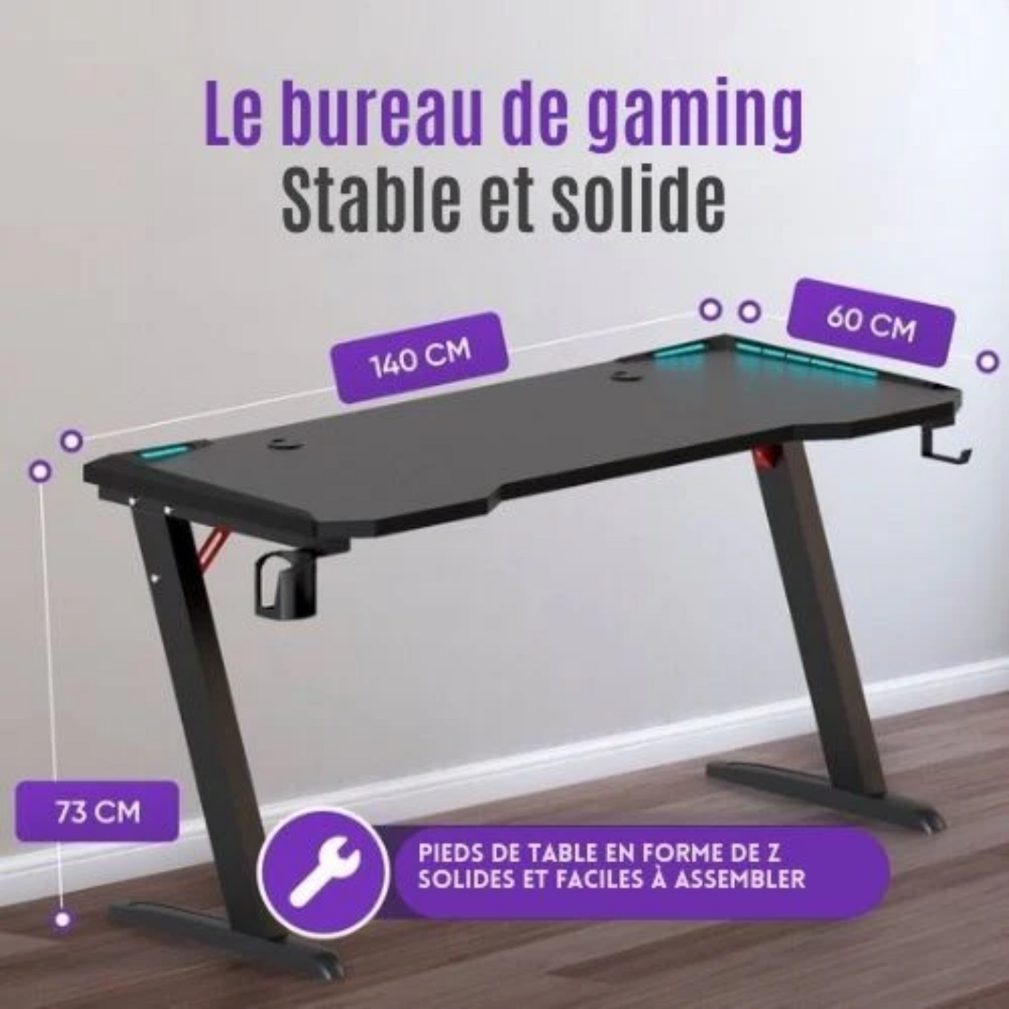 Bureau de gaming - Avalo - 140x60x73 CM - Éclairage LED Intégré - Noir