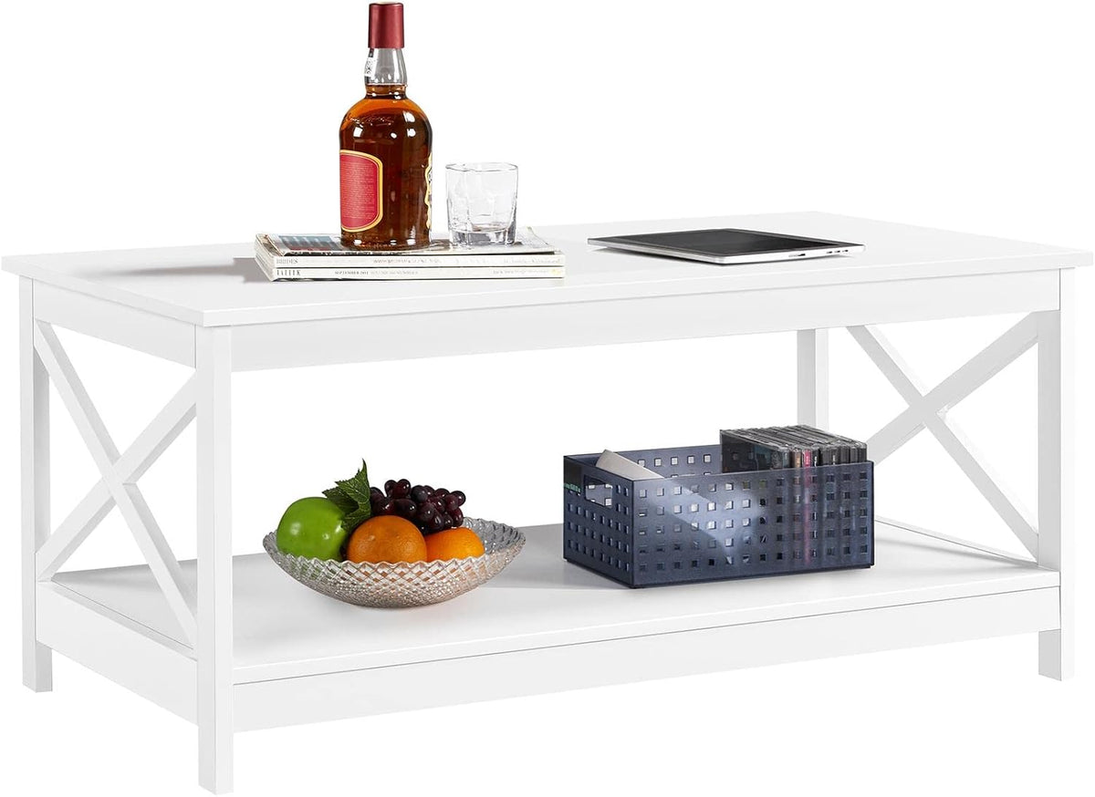 Table basse avec 2 étagères et structure en X, 100 × 50 × 45 cm, blanche