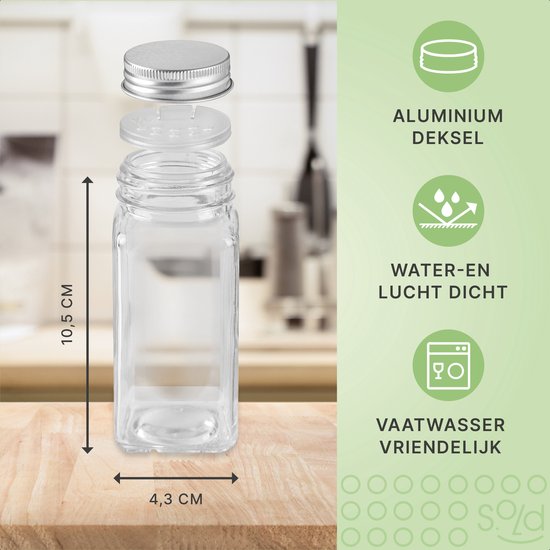 S.old - 36 pots à épices en verre carrés avec couvercle - Spice Spreader - Set complet avec couvercles à saupoudrer, autocollants préimprimés et entonnoir - Capacité 120 ml - 10,5 x 4,3 cm