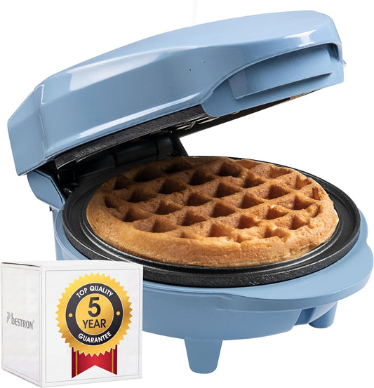 Mini-gaufrier Bestron au design rétro - Revêtement antiadhésif - Pour les fêtes d'enfants et Noël - 550 watts - 15,4 x 11,3 x 20,3 cm - Bleu