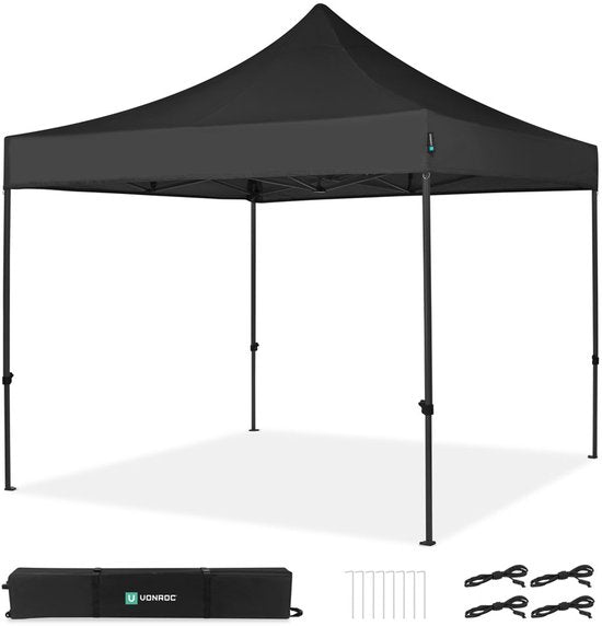 VONROC Party Tent - 3x3 m - Premium easy-up Party Tent - Modular Design - Pliable - Imperméable - Structure en acier - 50+ UV Protection - Sac de rangement inclus - Noir