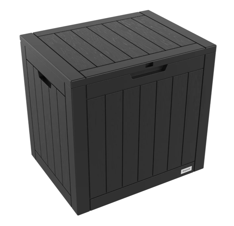 LifeGoods Boîte de rangement XXS 118L - Boîte de rangement pour coussins de jardin - imperméable - résistant aux intempéries - aspect bois - avec support de serrure - gris