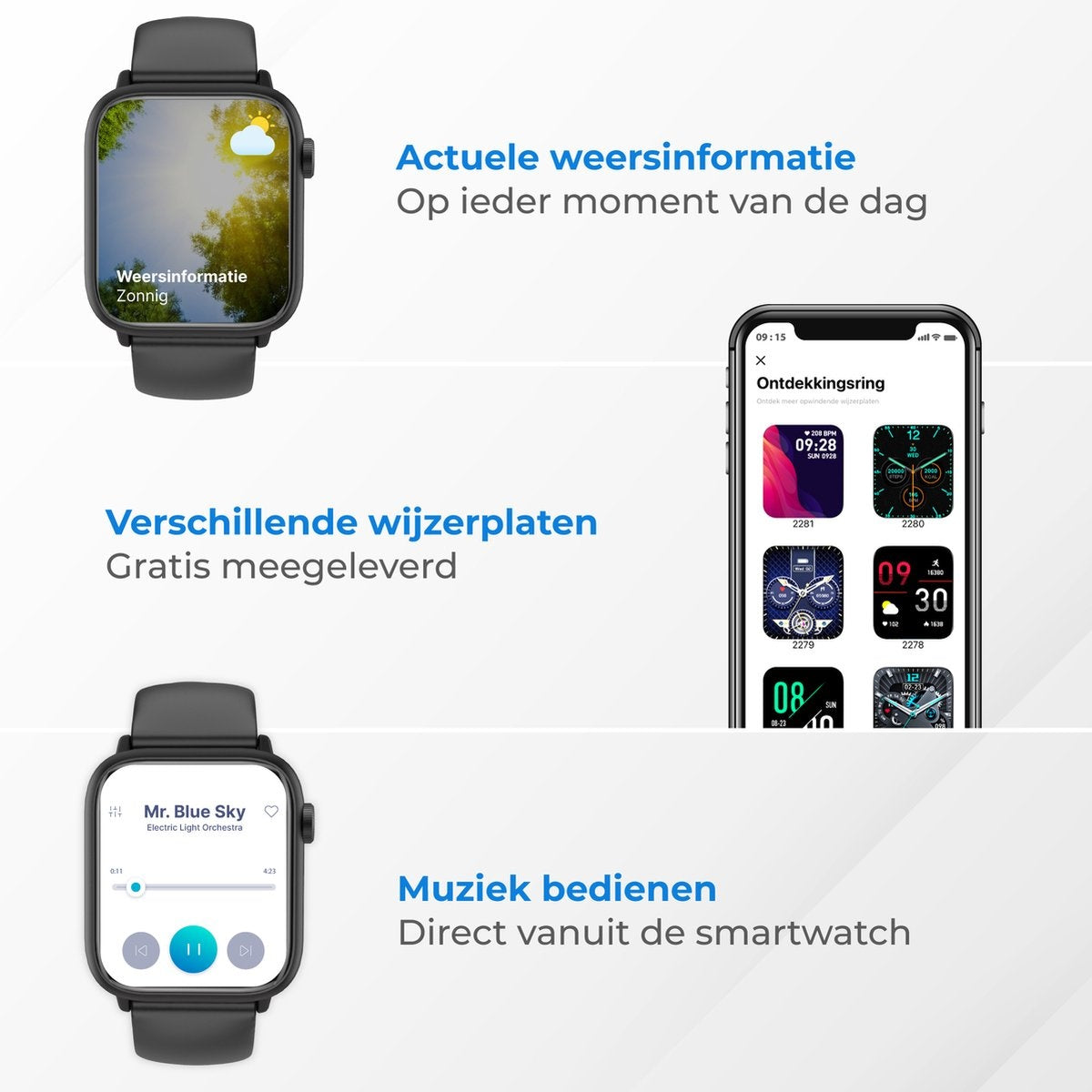 Nuvance - Smartwatch Homme et Femme - 45mm - pour iOS et Android - podomètre et moniteur de fréquence cardiaque - étanche - noir