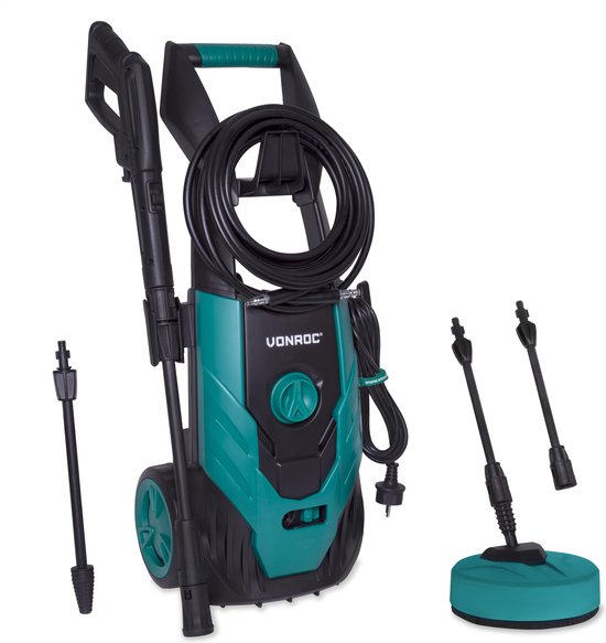VONROC Nettoyeur haute pression V18-2 1800W - 140 bar - 420 l/h - avec tuyau de 8m, réservoir de détergent intégré, nettoyeur de terrasse, buses et accessoires