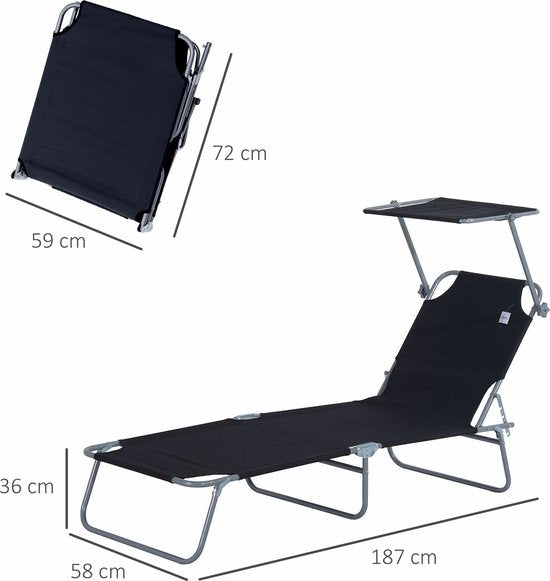 Chaise longue Outsunny - pliable - avec pare-soleil - 4 positions - noir