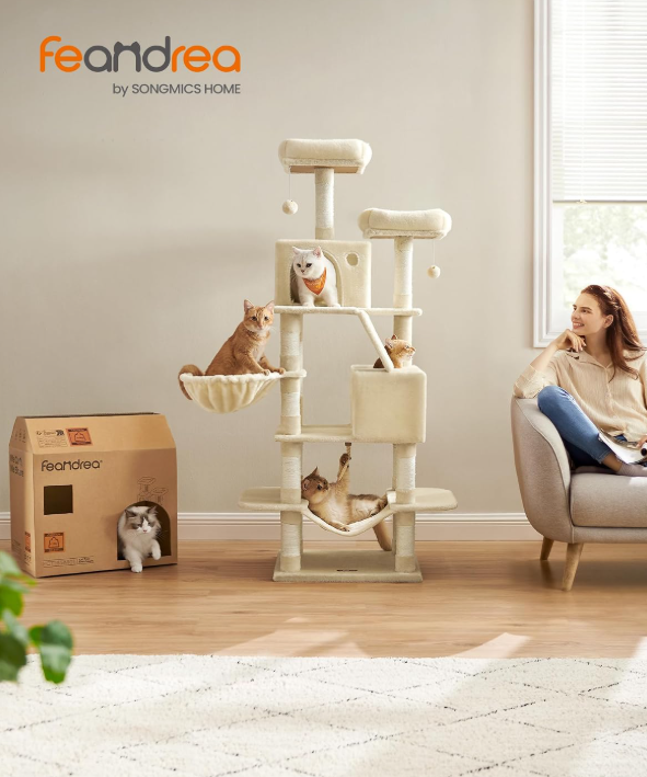 JoyFurnos Arbre à chat XXL 168 cm - Arbre à chat avec 13 poteaux à griffer, 2 niches, un hamac et un panier - Beige