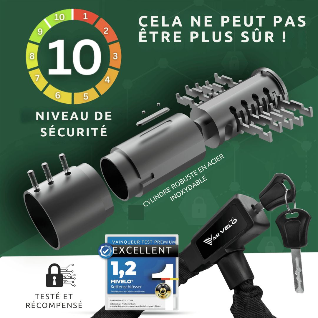 Chaîne de vélo MIVELO  - Serrure à clé - 85 cm - Acier - Noir