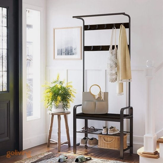 Goliving Porte-manteau - Porte-penderie - Meuble d'entrée - Porte-chaussures - Meuble à chaussures - Meuble industriel - Métal/Bois - 72 x 34 x 183 cm - Noir
