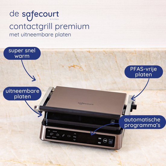 Safecourt Kitchen Contact grill - Gril à panini et fer à toasti - Plaques amovibles sans PFAS et lavables au lave-vaisselle - Grande surface de gril - chaleur rapide (2200W) - Appareil à toasti