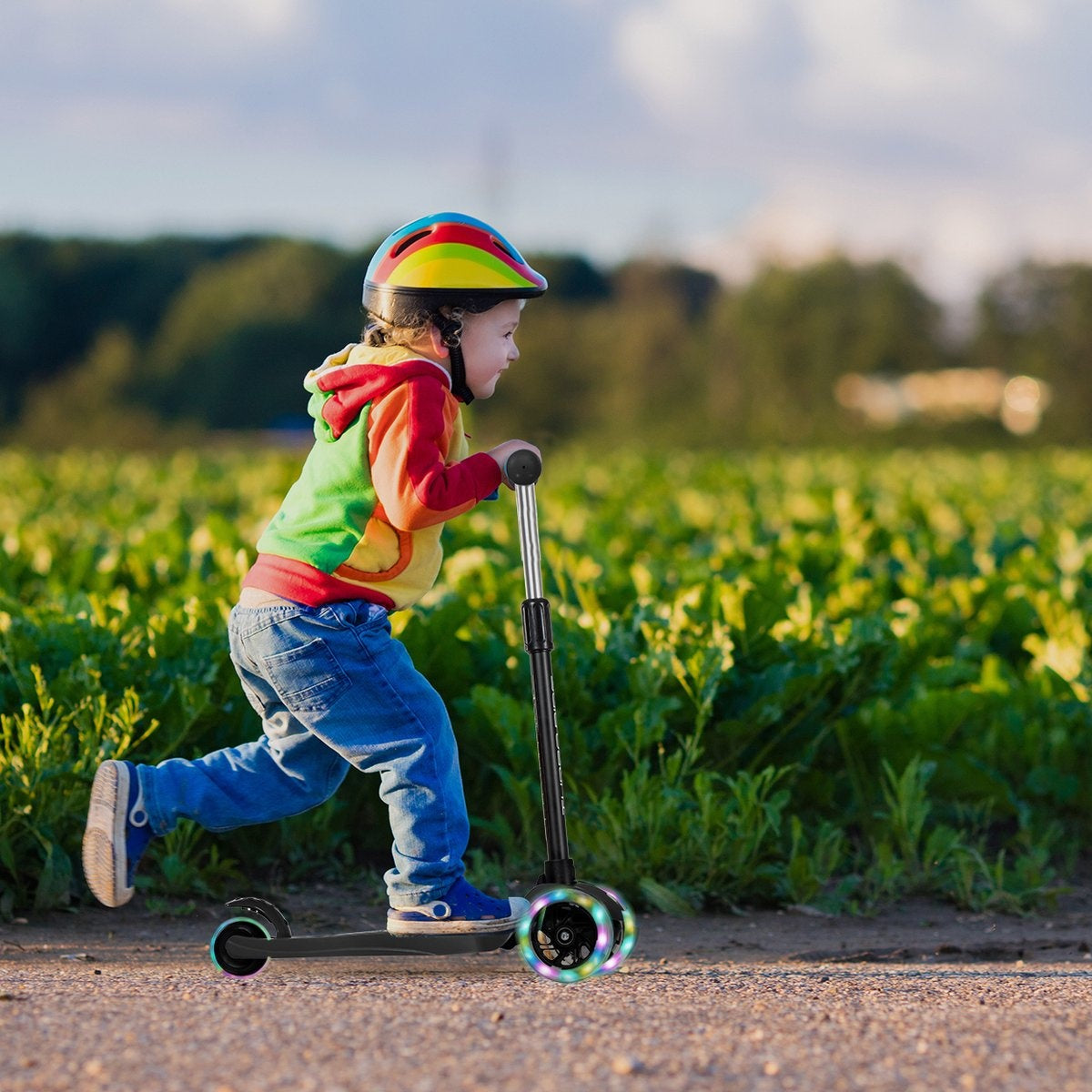 LifeGoods TurboRide Kids' Scooter - Step 5-8 Years - 3 Luminous Wheels - Boys/Girls - Black